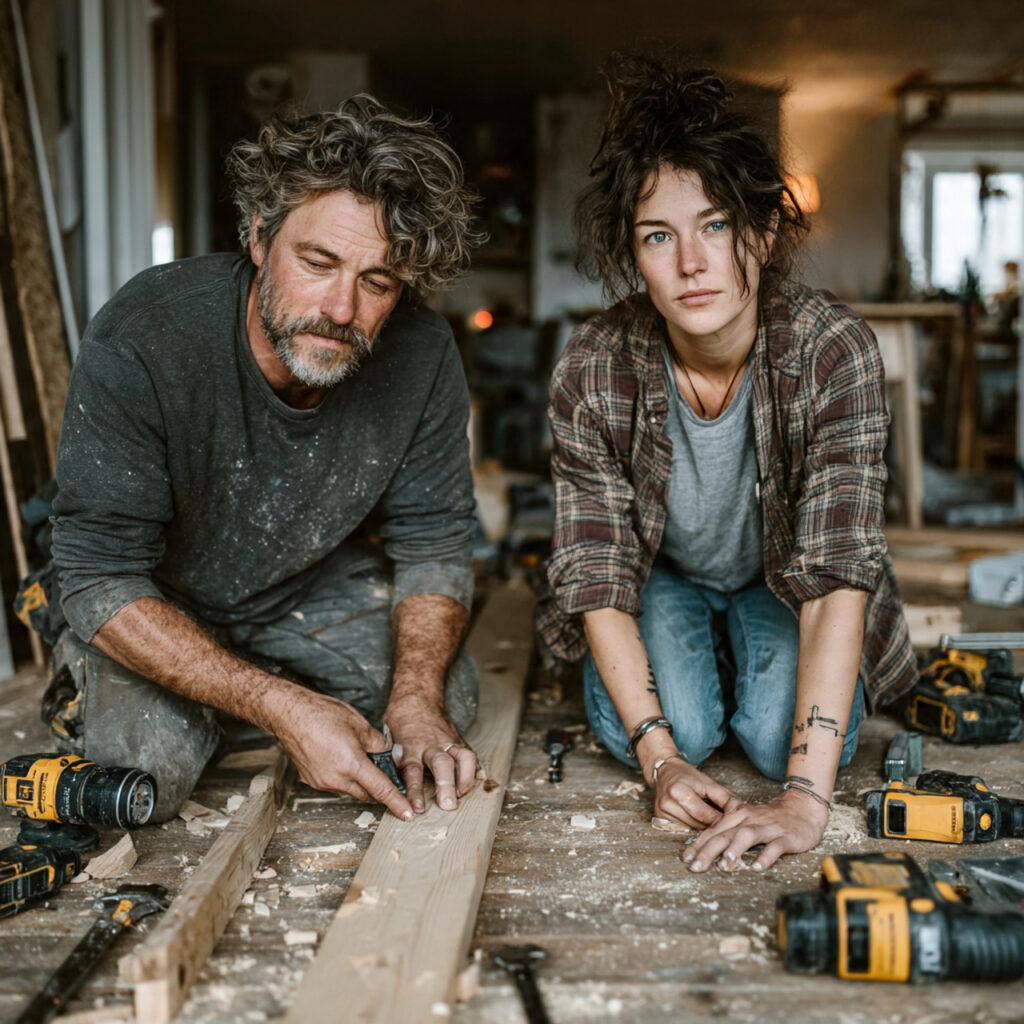 couple assembling wooden furniture at home tools