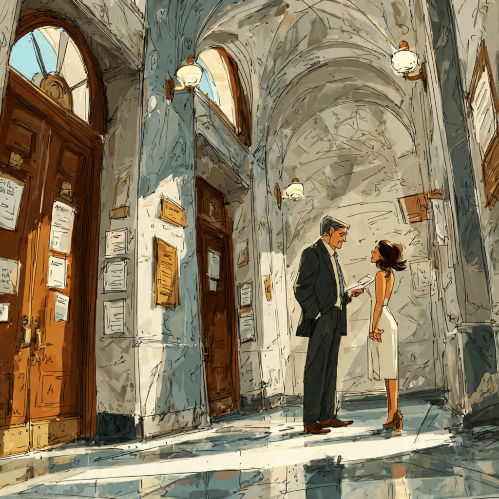 couple at city hall submitting marriage license