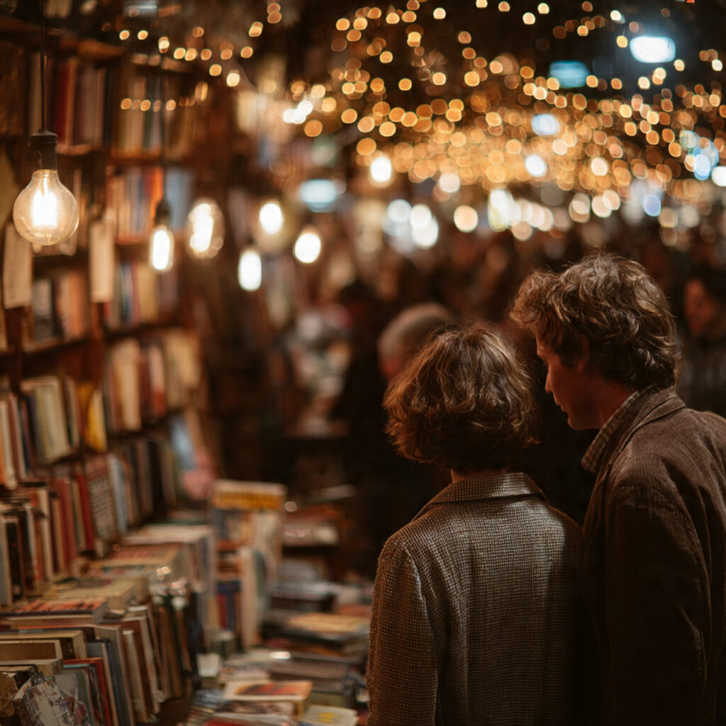 couple browsing books in cozy bookstore warm