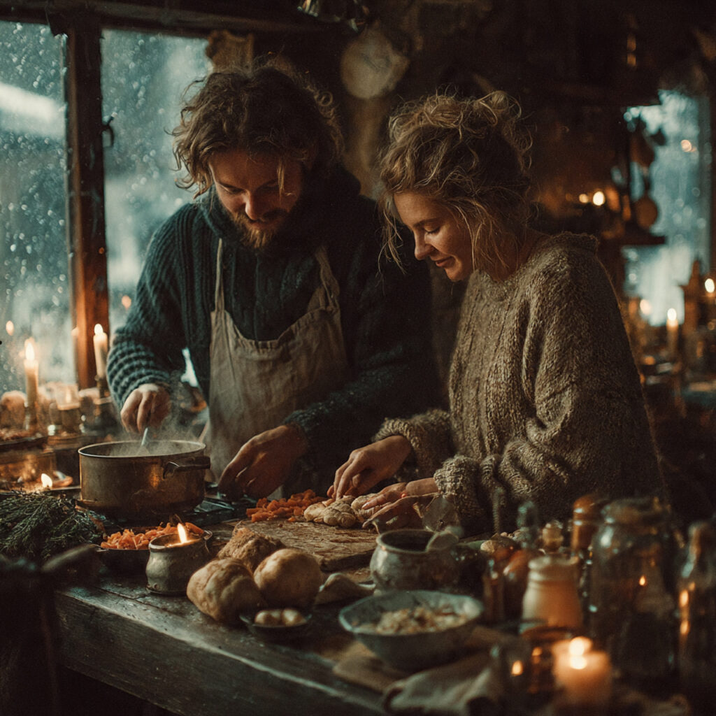 couple cooking together in a cozy kitchen