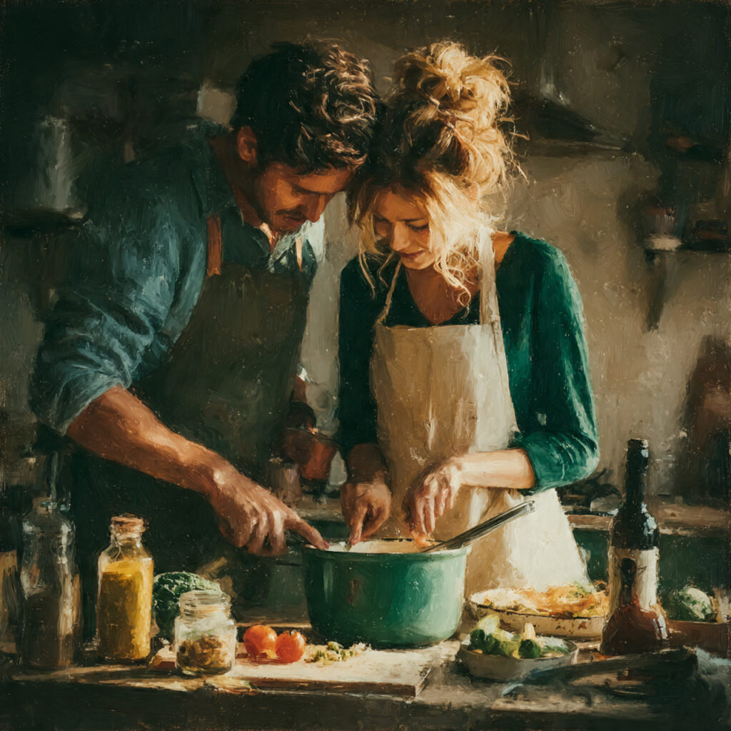 couple cooking together in a warm kitchen