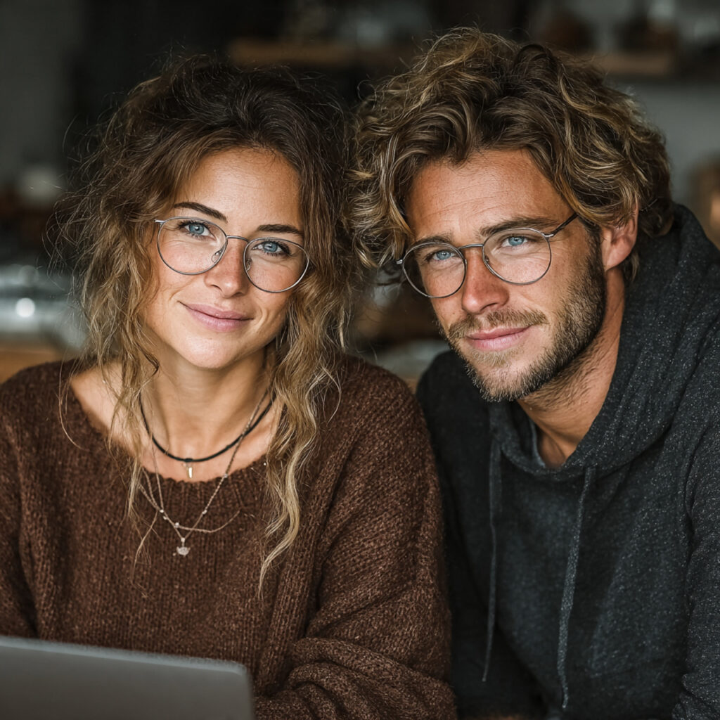 couple designing digital wedding invitations on laptop