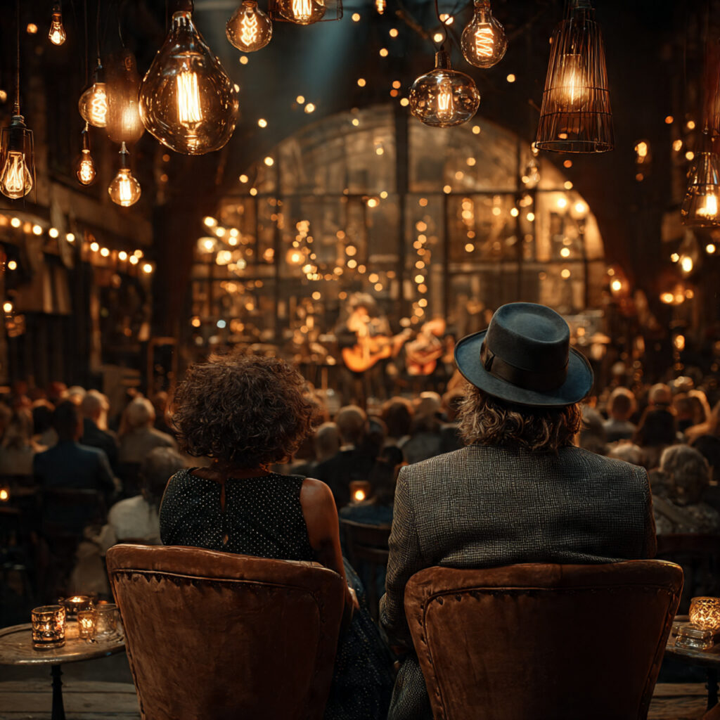 couple dressed elegantly watching live music in