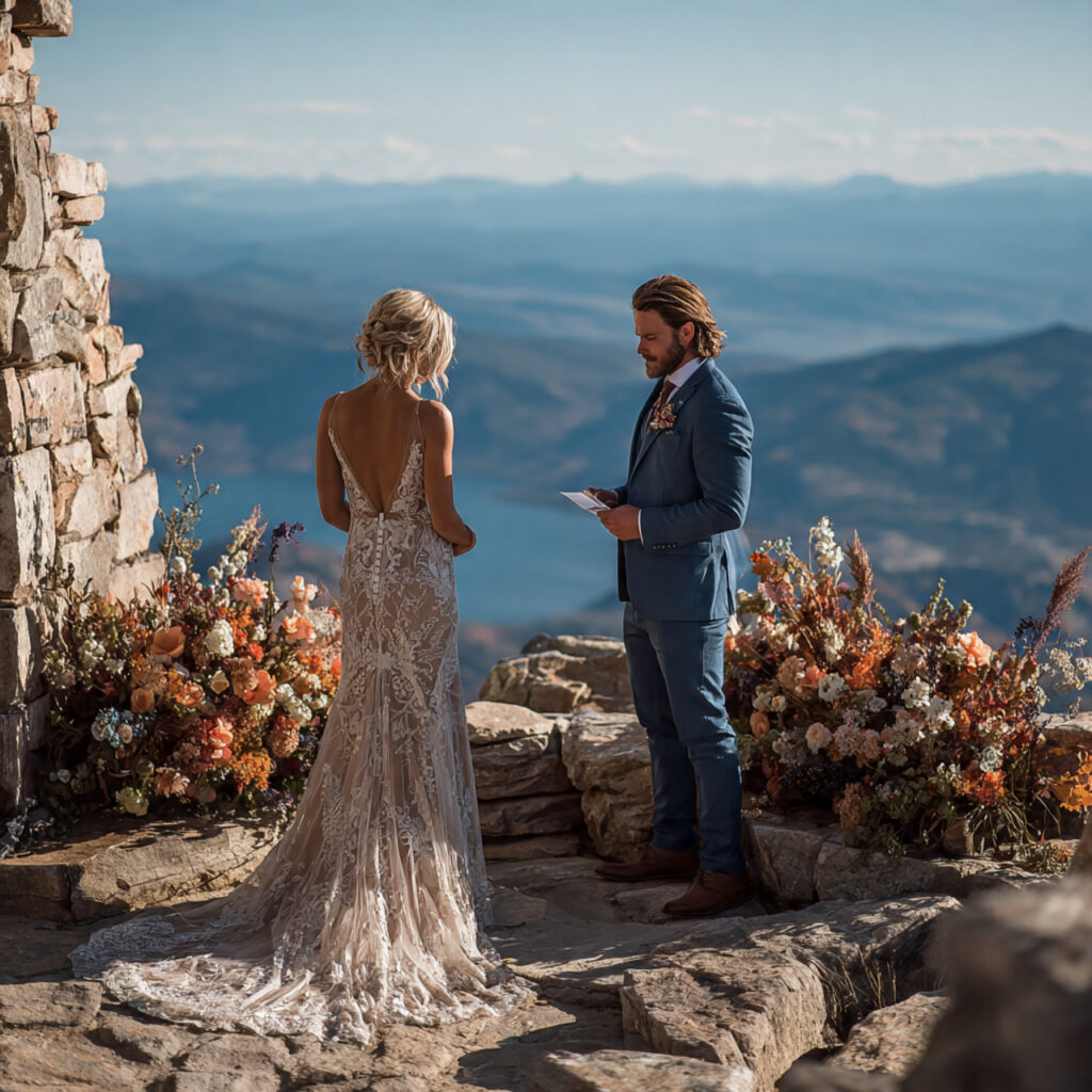couple exchanging vows on a mountaintop or