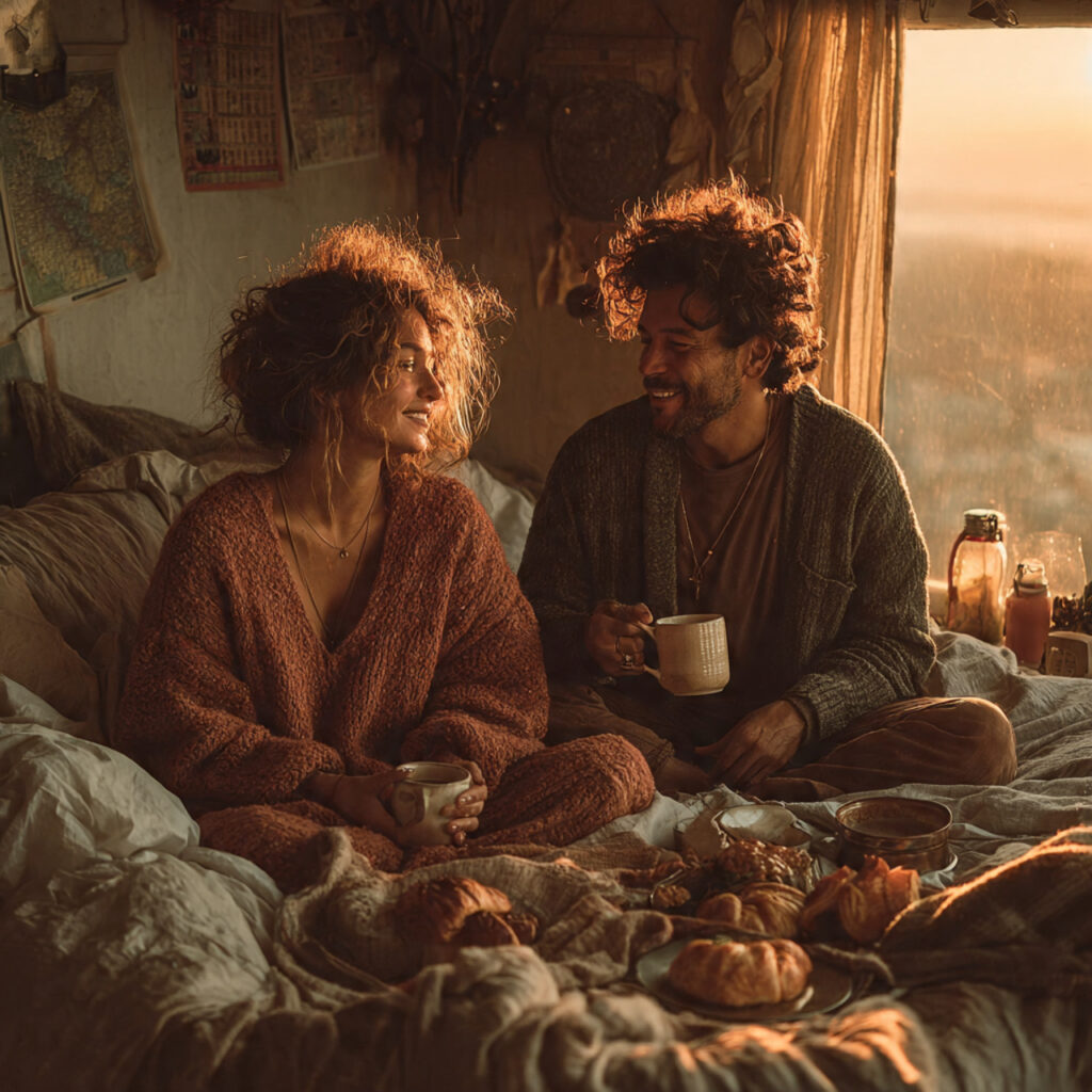 couple getting ready together soft morning light