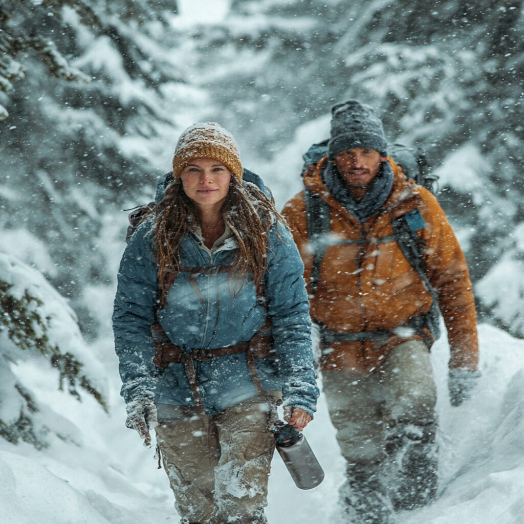 couple hiking through a snow covered forest trail