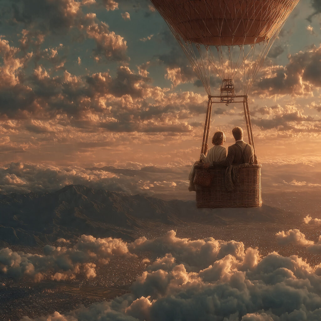 couple in hot air balloon basket above