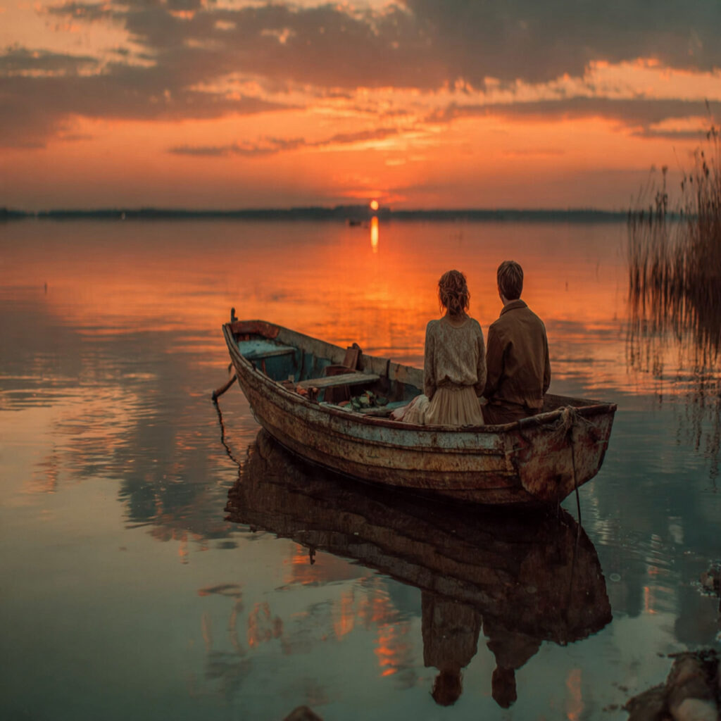 couple in small wooden boat on calm