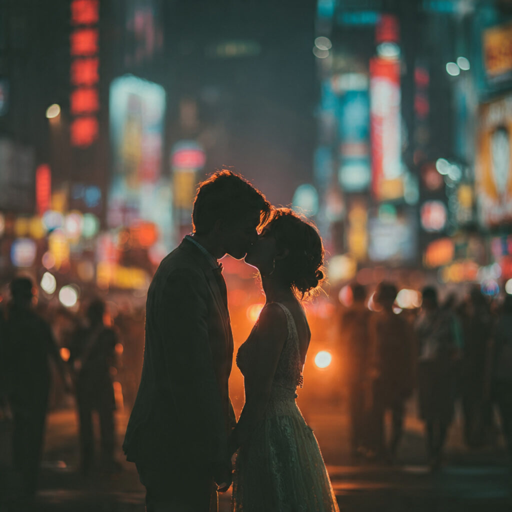 couple kissing on a busy city street
