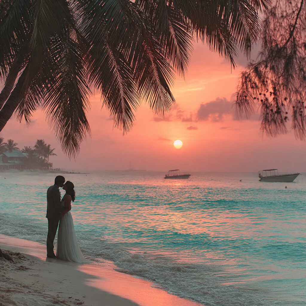 couple kissing on a tropical beach with