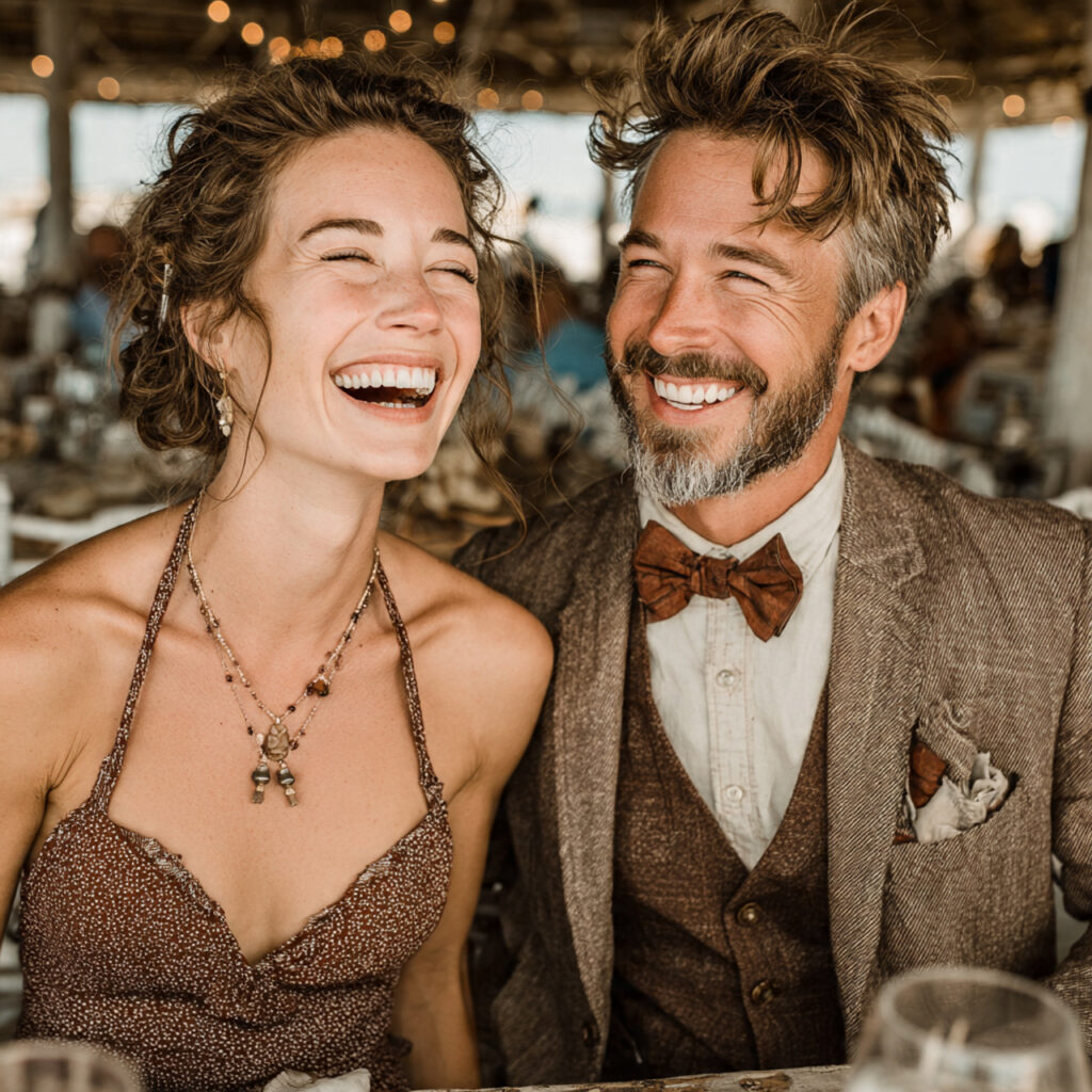 couple laughing naturally during wedding reception spontaneous