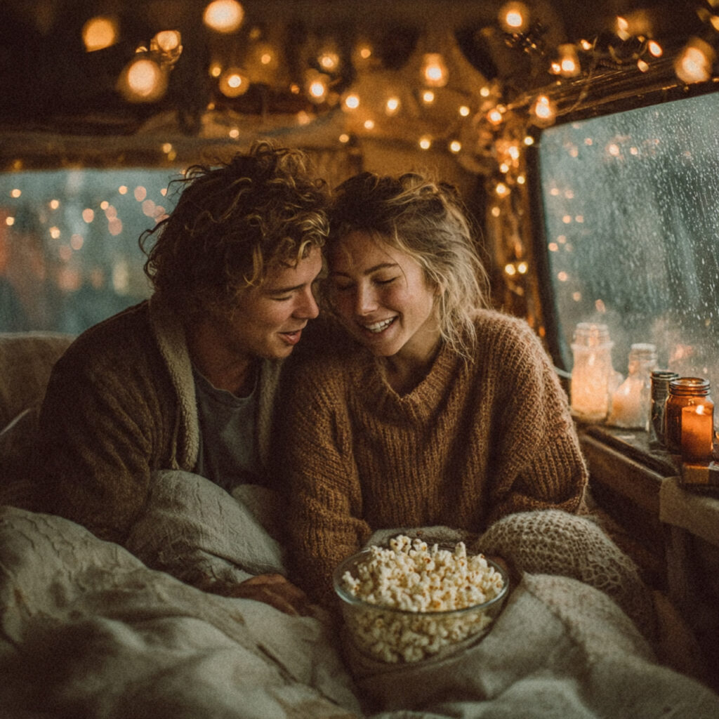 couple lounging on a couch under blankets