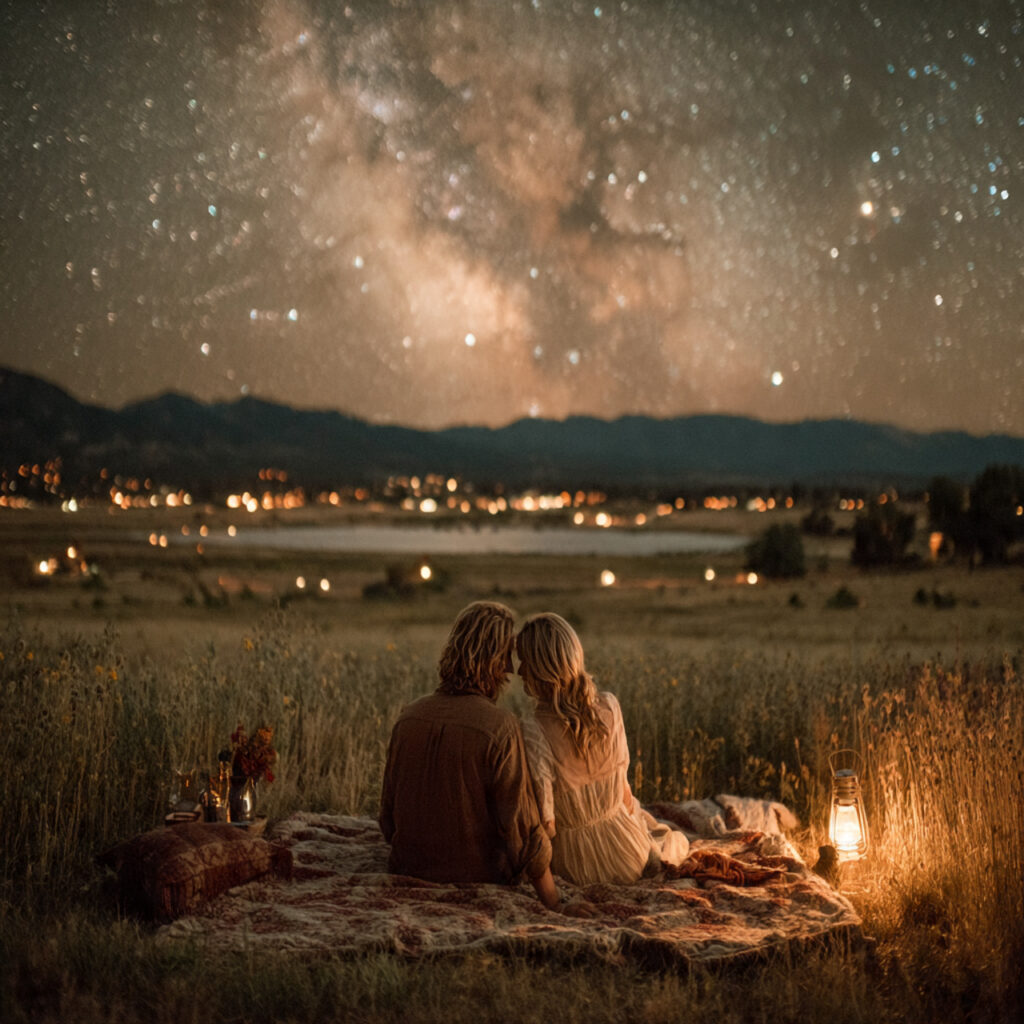couple lying on blankets under starry sky