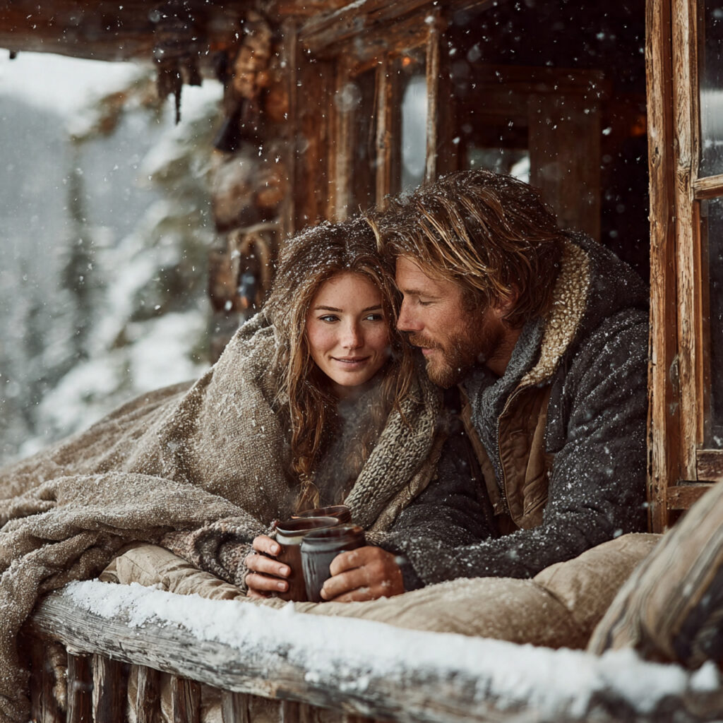 26 Creative Seasonal Engagement Photos Ideas to Capture Your Love 3 couple on a rustic wooden cabin porch