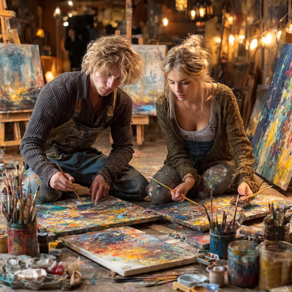 couple painting on canvases at home scattered