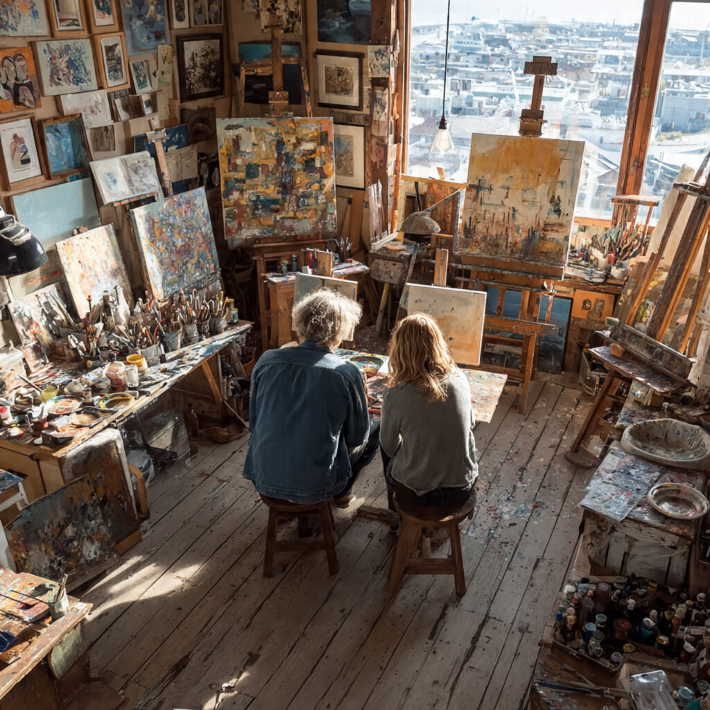 couple painting together in a bright art