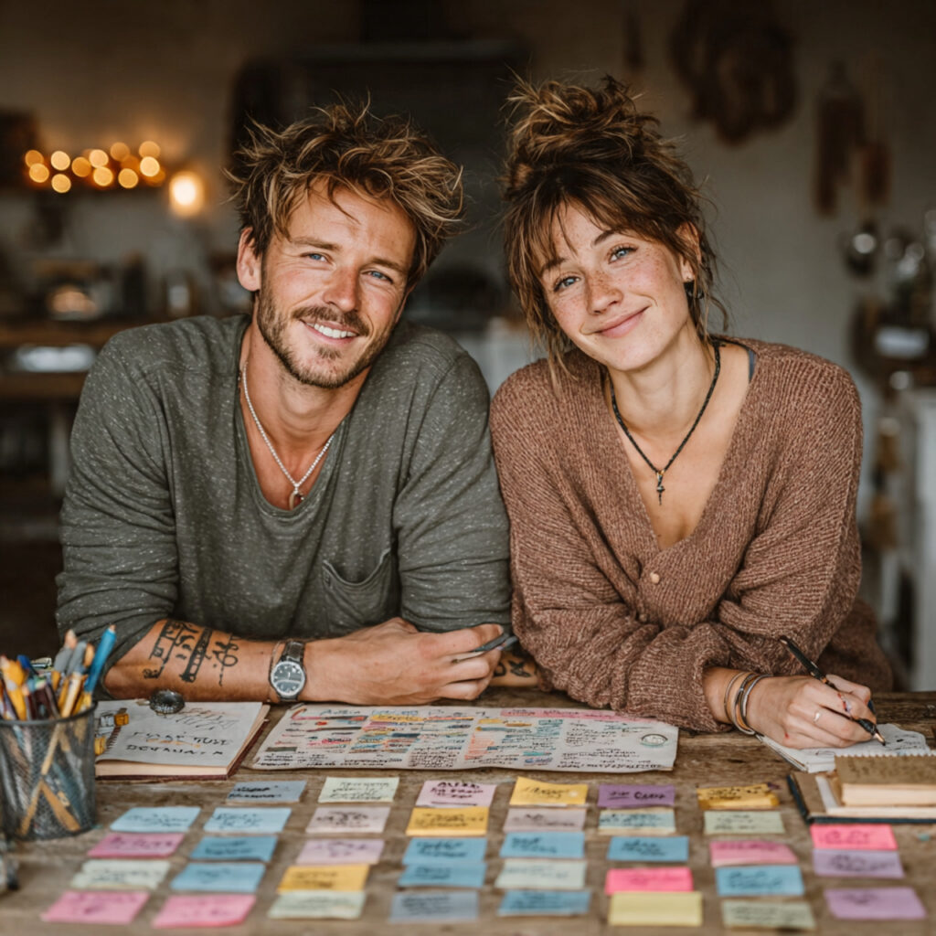 couple planning wedding day timeline on calendar