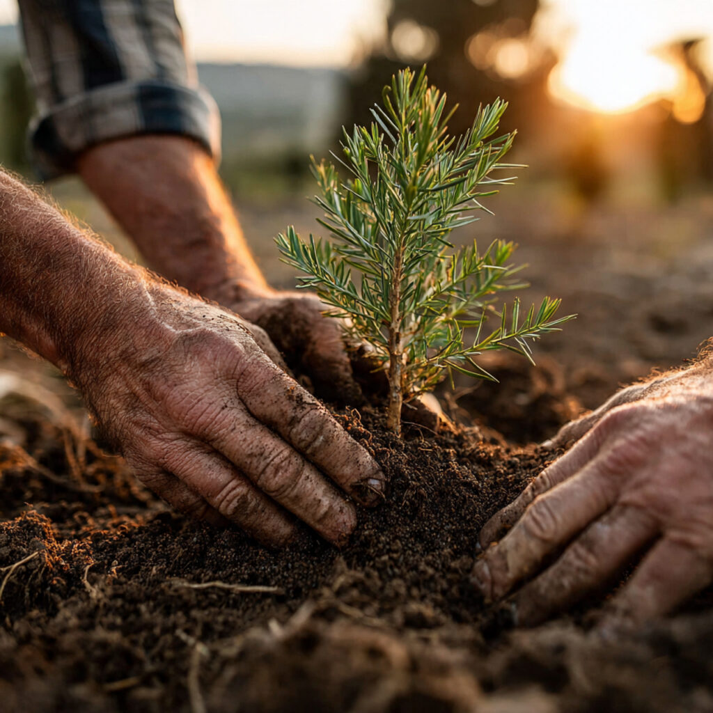 couple planting a young tree together outdoors