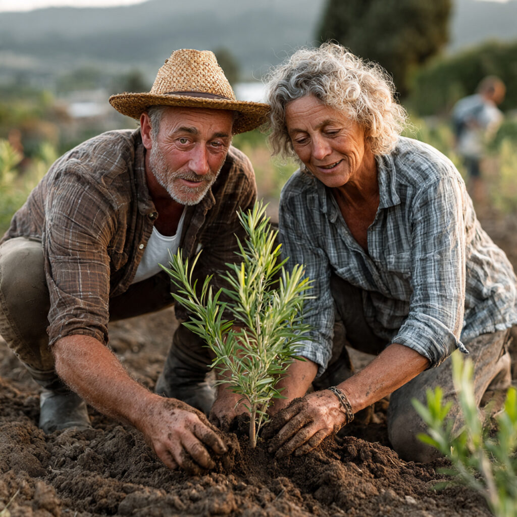 couple planting trees together in a rural