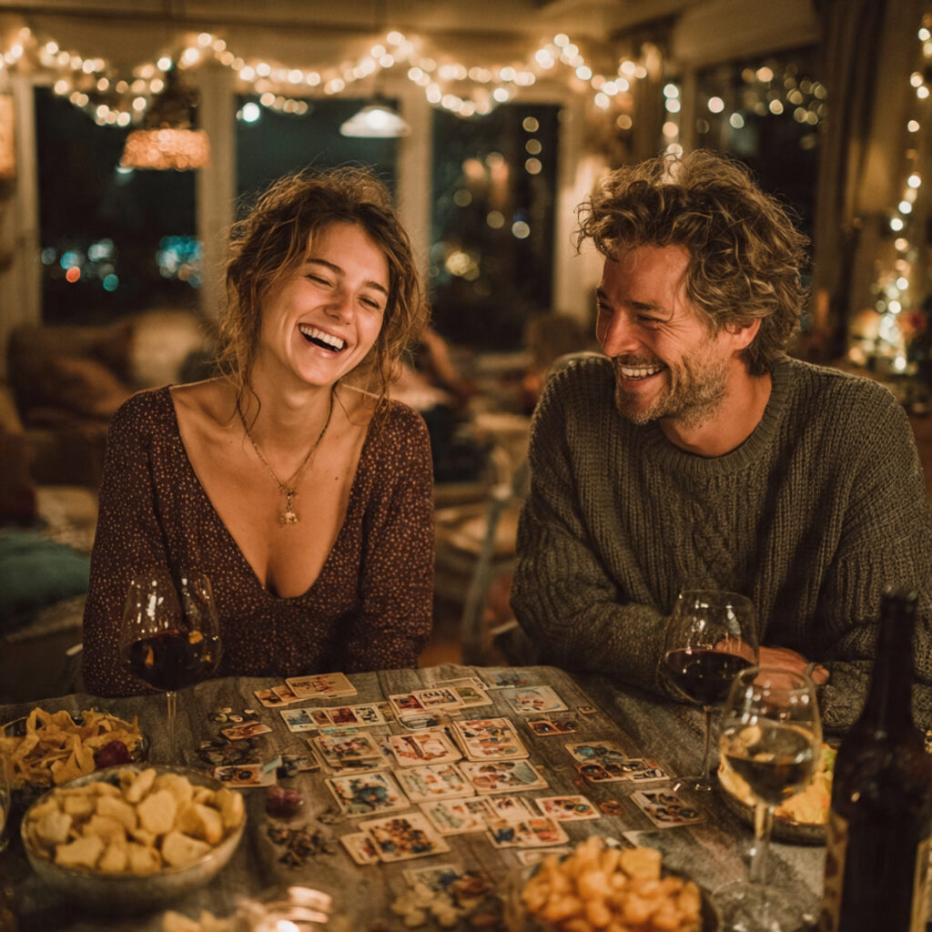 couple playing board games at home warm
