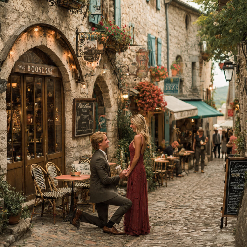 couple proposing on a scenic european street
