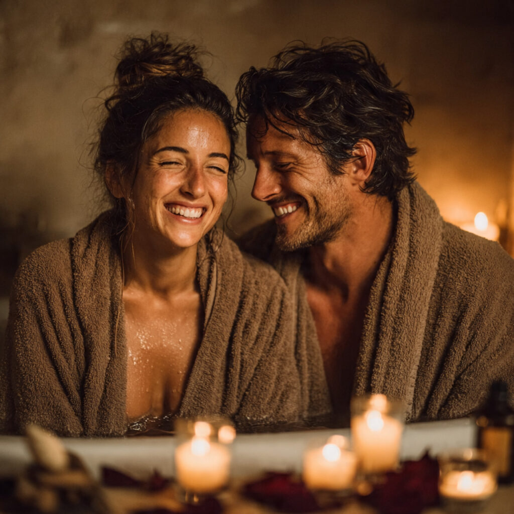 couple relaxing at home spa candles warm