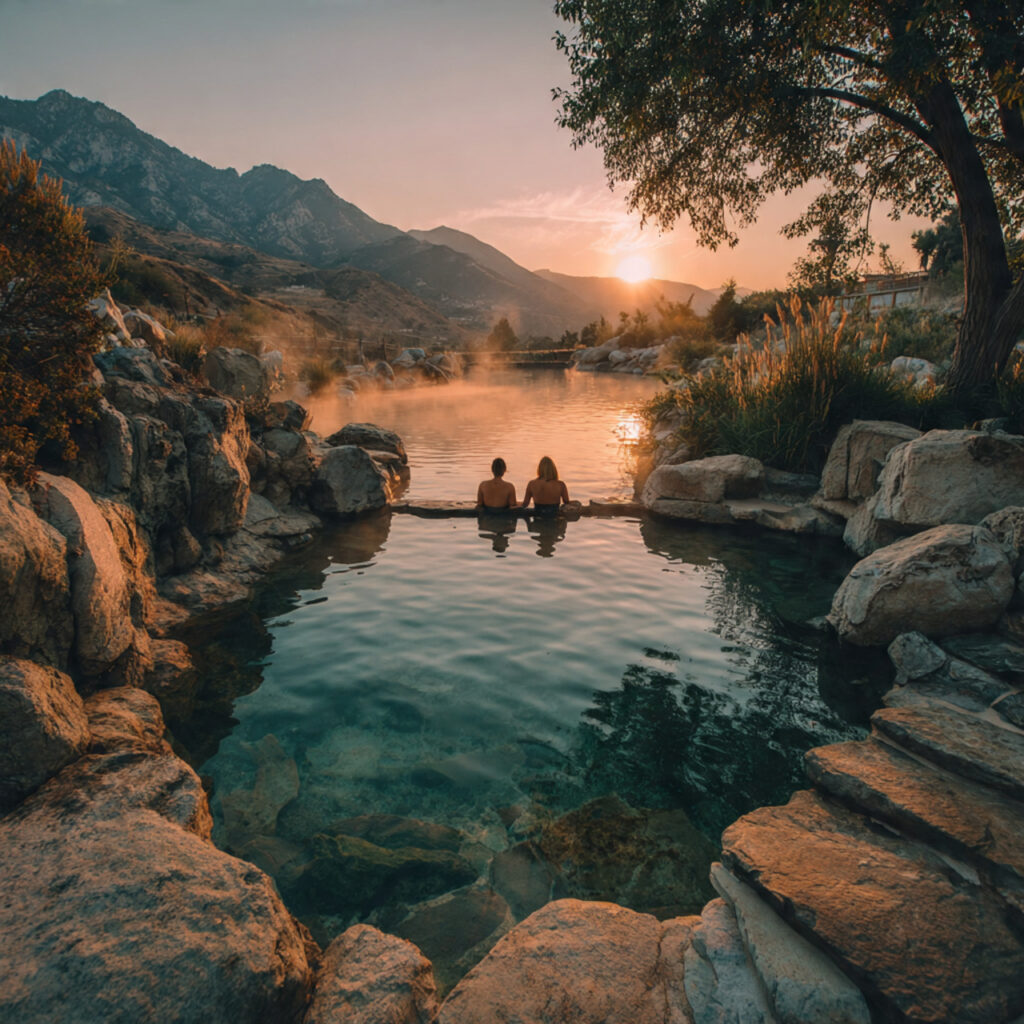 couple relaxing in natural hot springs surrounded