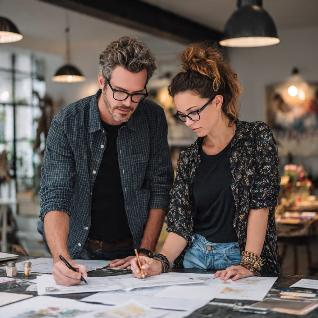 couple reviewing wedding decoration quote sheets with