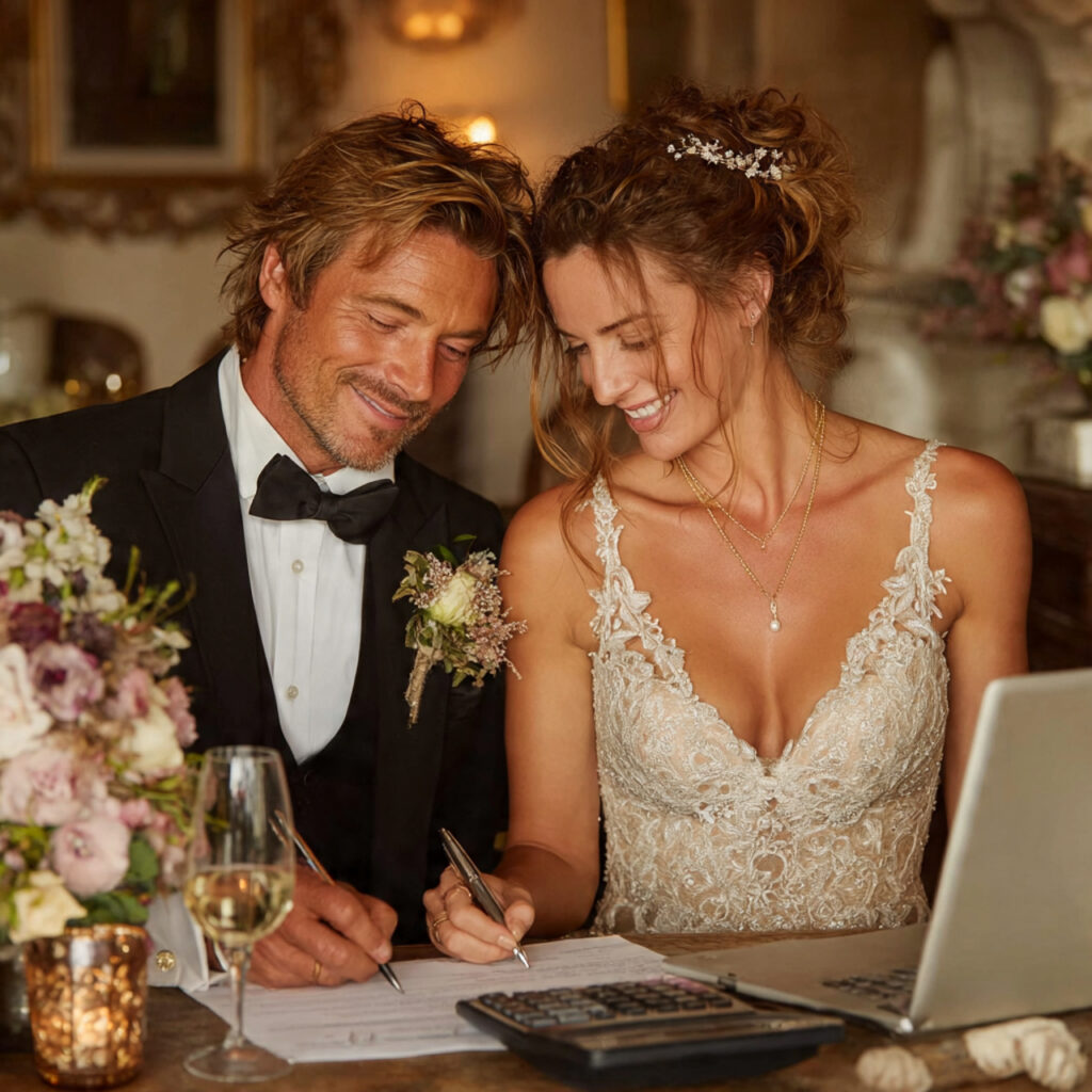 couple reviewing wedding venue contract with calculator