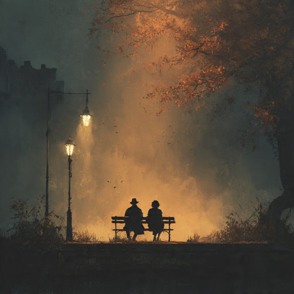 couple revisiting old caf or park bench