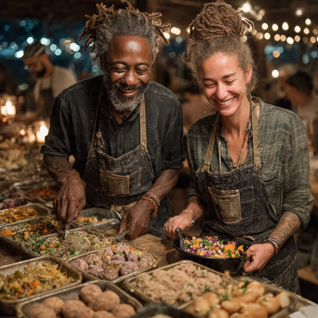 couple serving food at community kitchen wearing