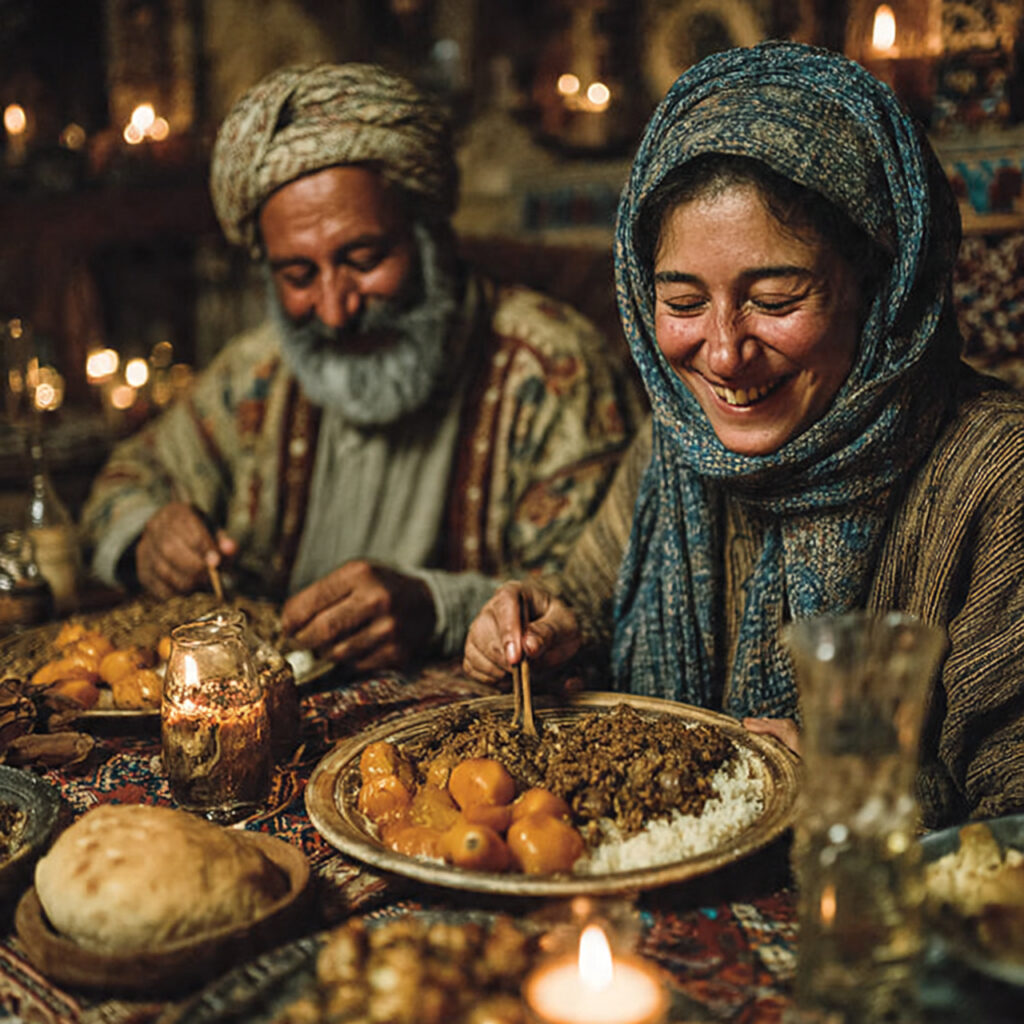 couple sharing meal with local family in