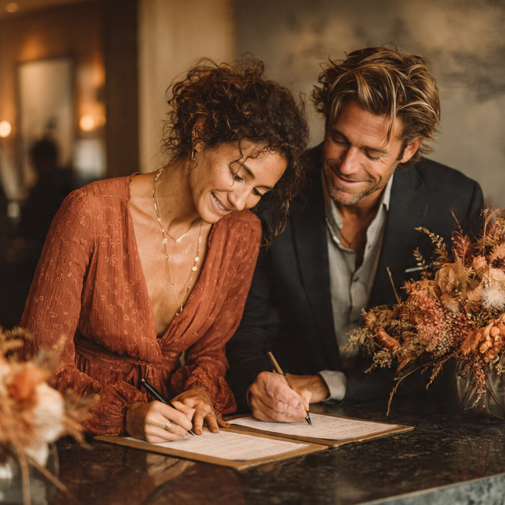 couple signing venue contract at modern office