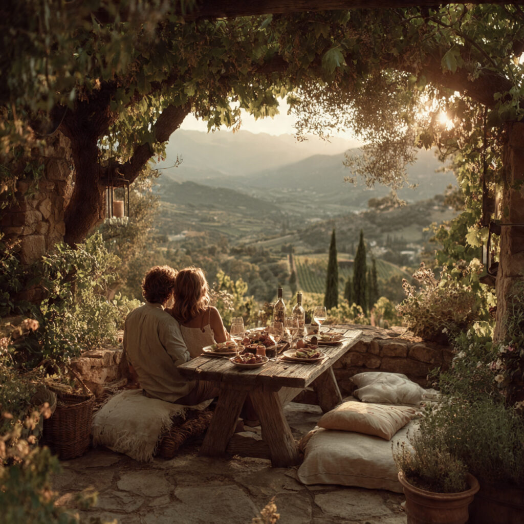 couple sitting at vineyard picnic with wine