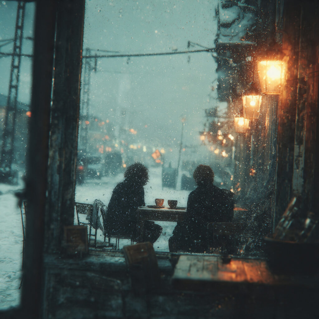 couple sitting by caf window sipping lattes