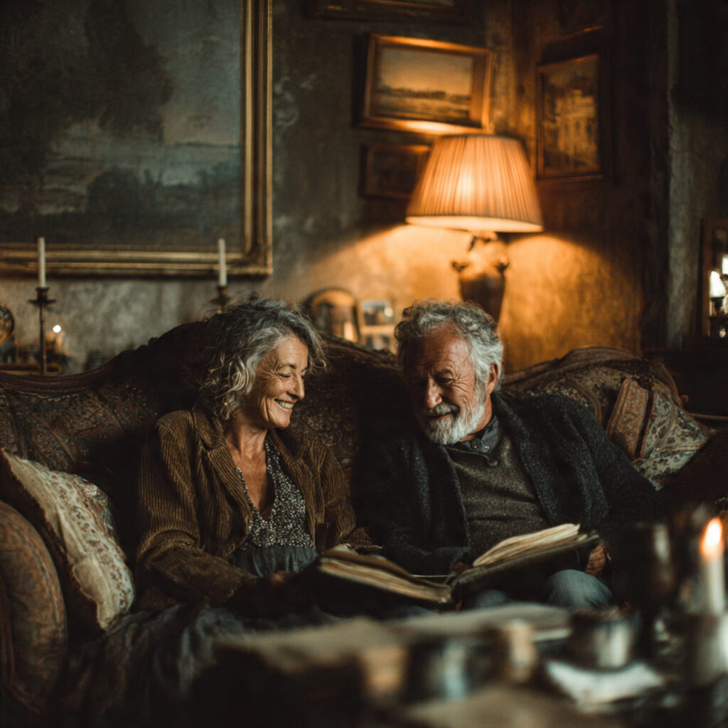 couple sitting on couch looking through old