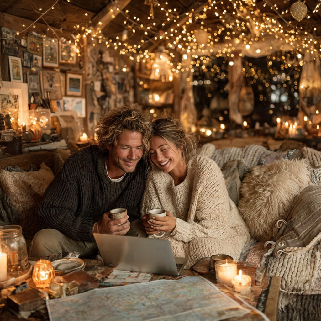 couple sitting on couch with laptop travel