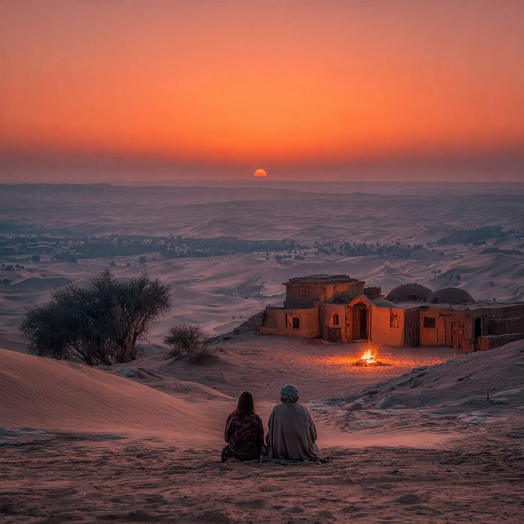 couple sitting on sand dunes at sunset