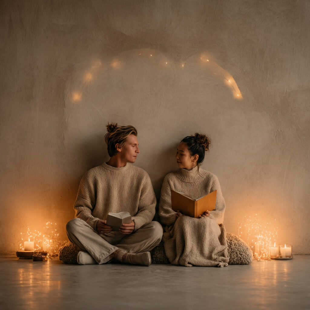 couple sitting together with candles and books