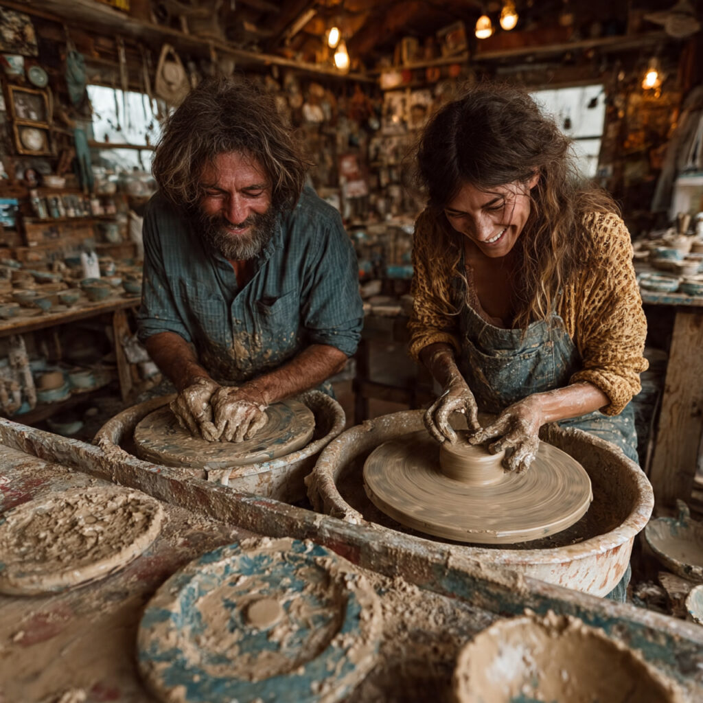couple smiling while shaping clay on pottery
