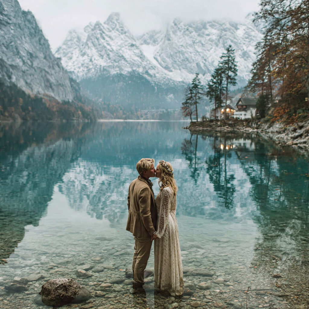 couple standing by turquoise lake surrounded by