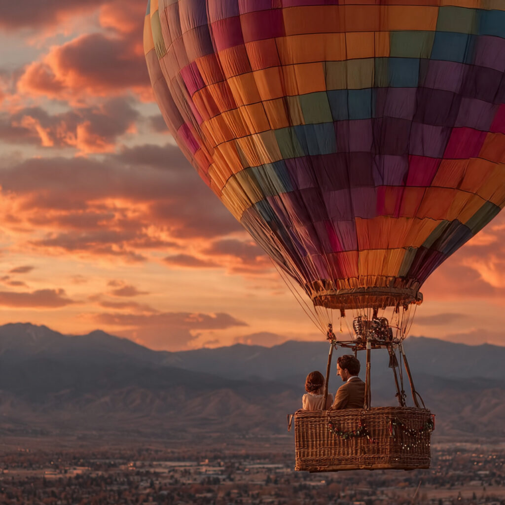 couple standing in a decorated hot air