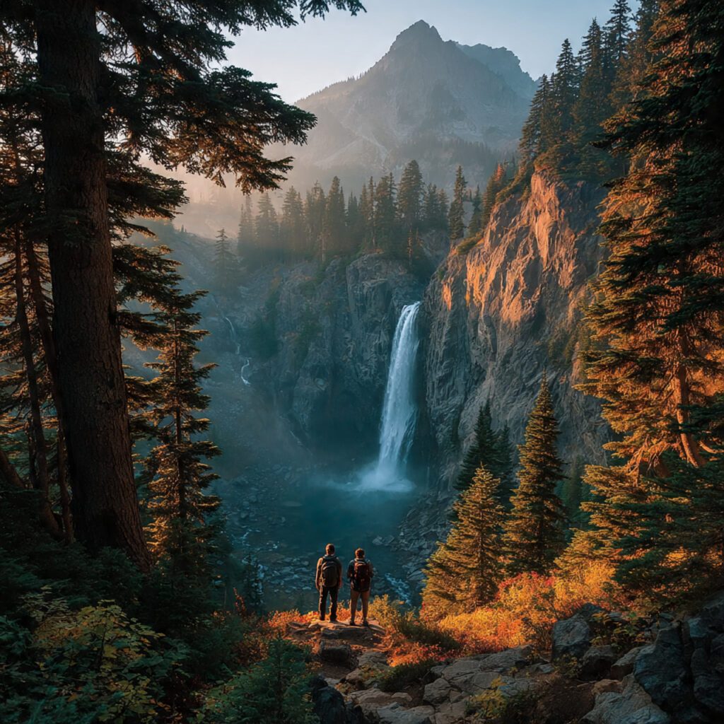 couple standing on a cliff overlooking waterfall