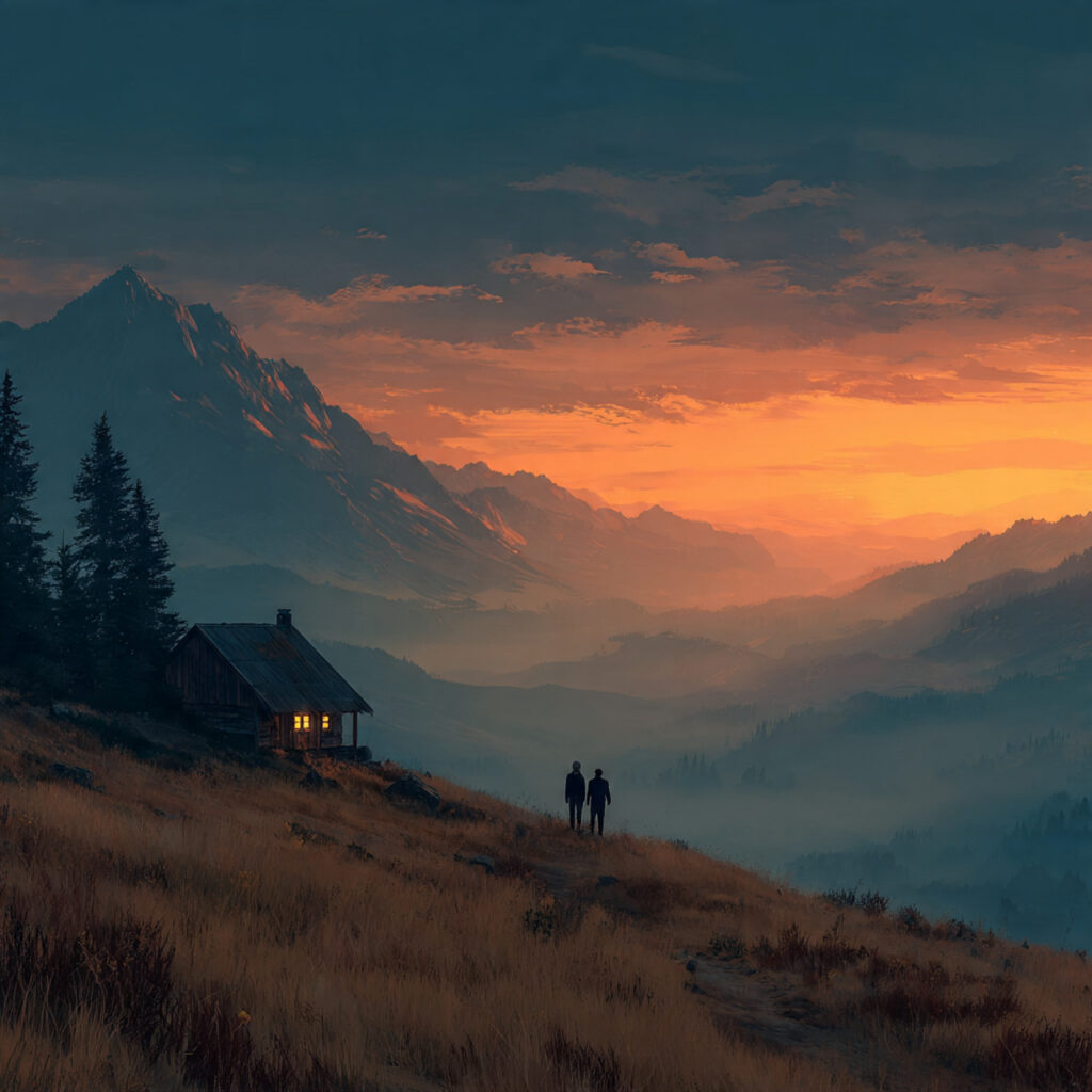 couple standing on a hilltop overlooking mountains