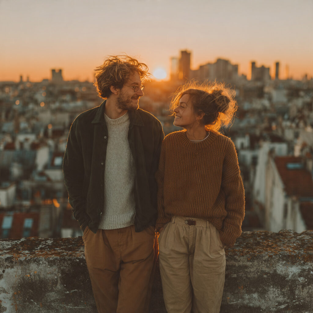 26 Creative Seasonal Engagement Photos Ideas to Capture Your Love 19 couple standing together on a rooftop at