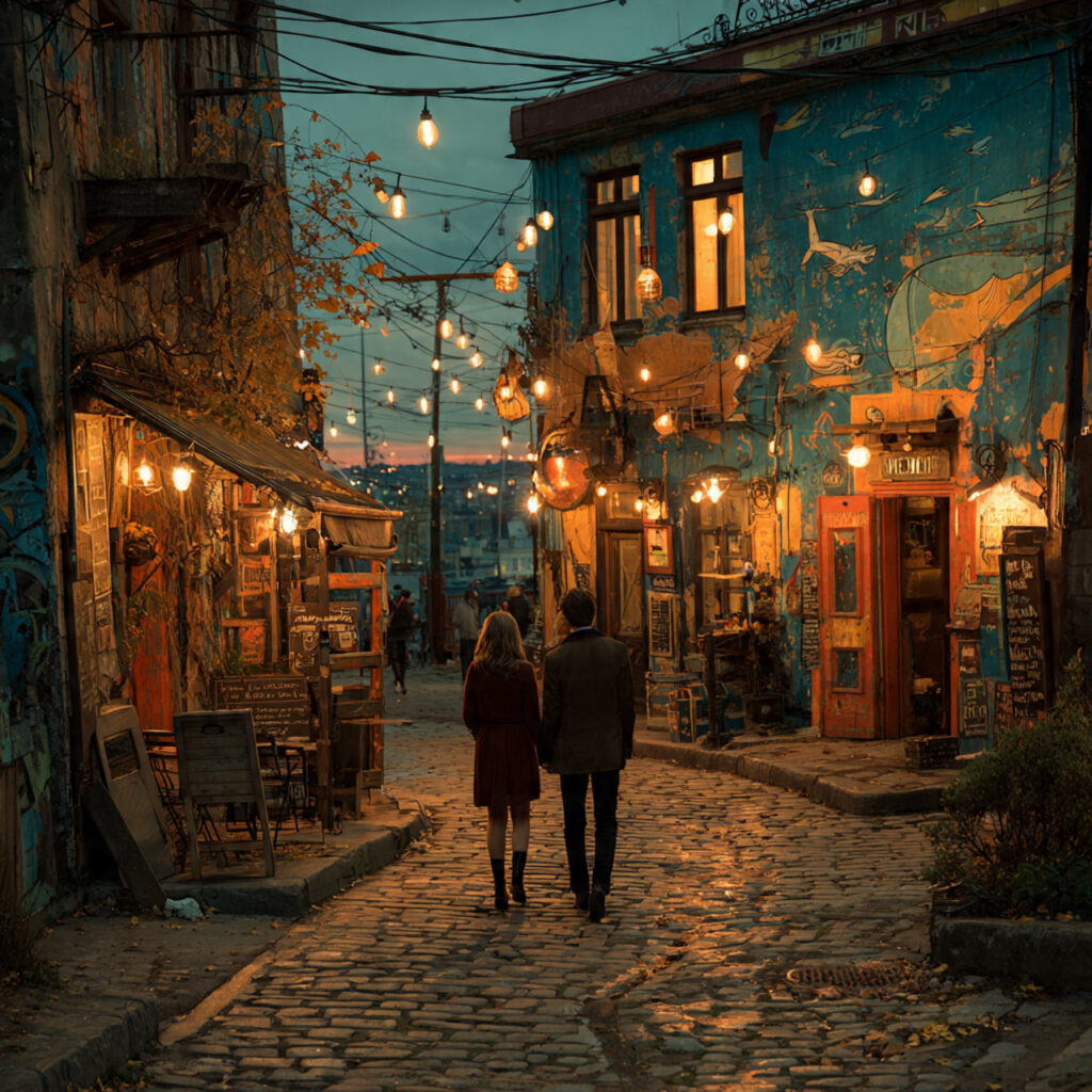 couple strolling through artistic city streets with 1