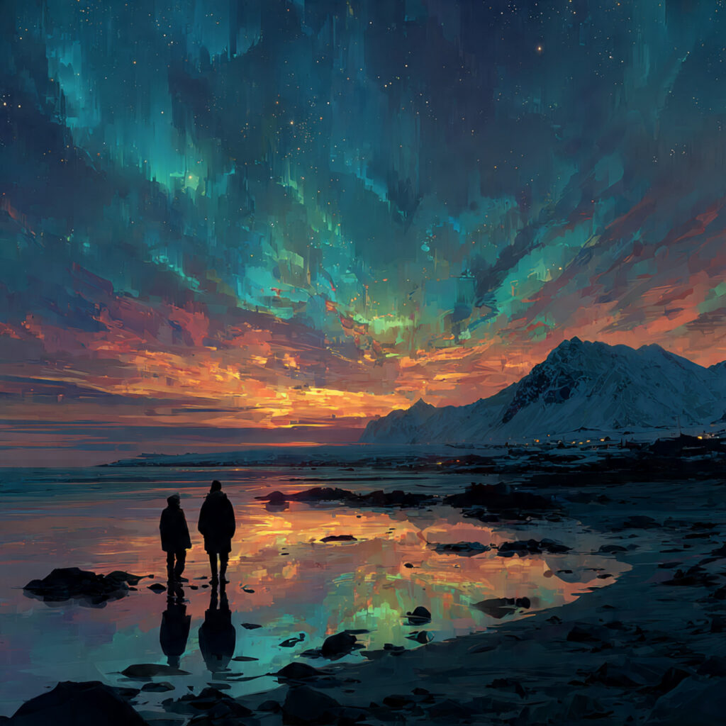 couple under northern lights in iceland icy