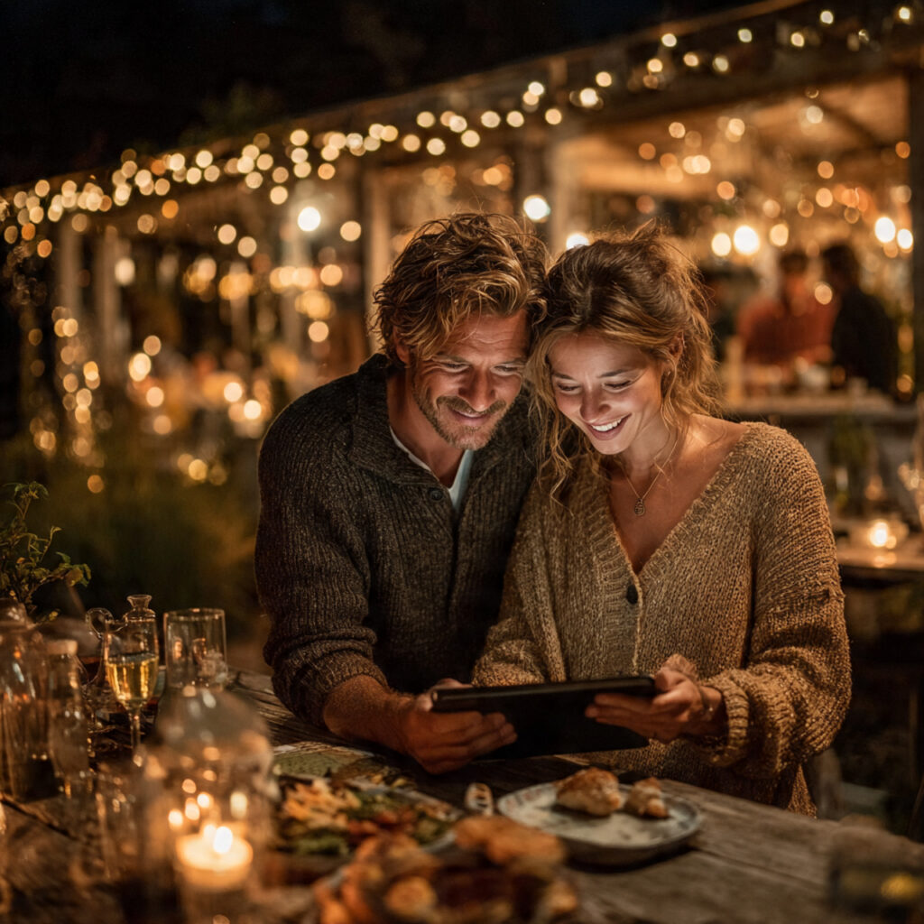 couple viewing digital wedding gallery on tablet 1