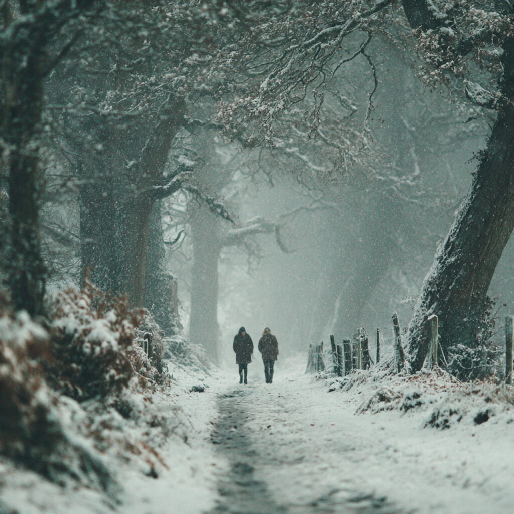 26 Creative Seasonal Engagement Photos Ideas to Capture Your Love 1 couple walking along a quiet snow dusted forest