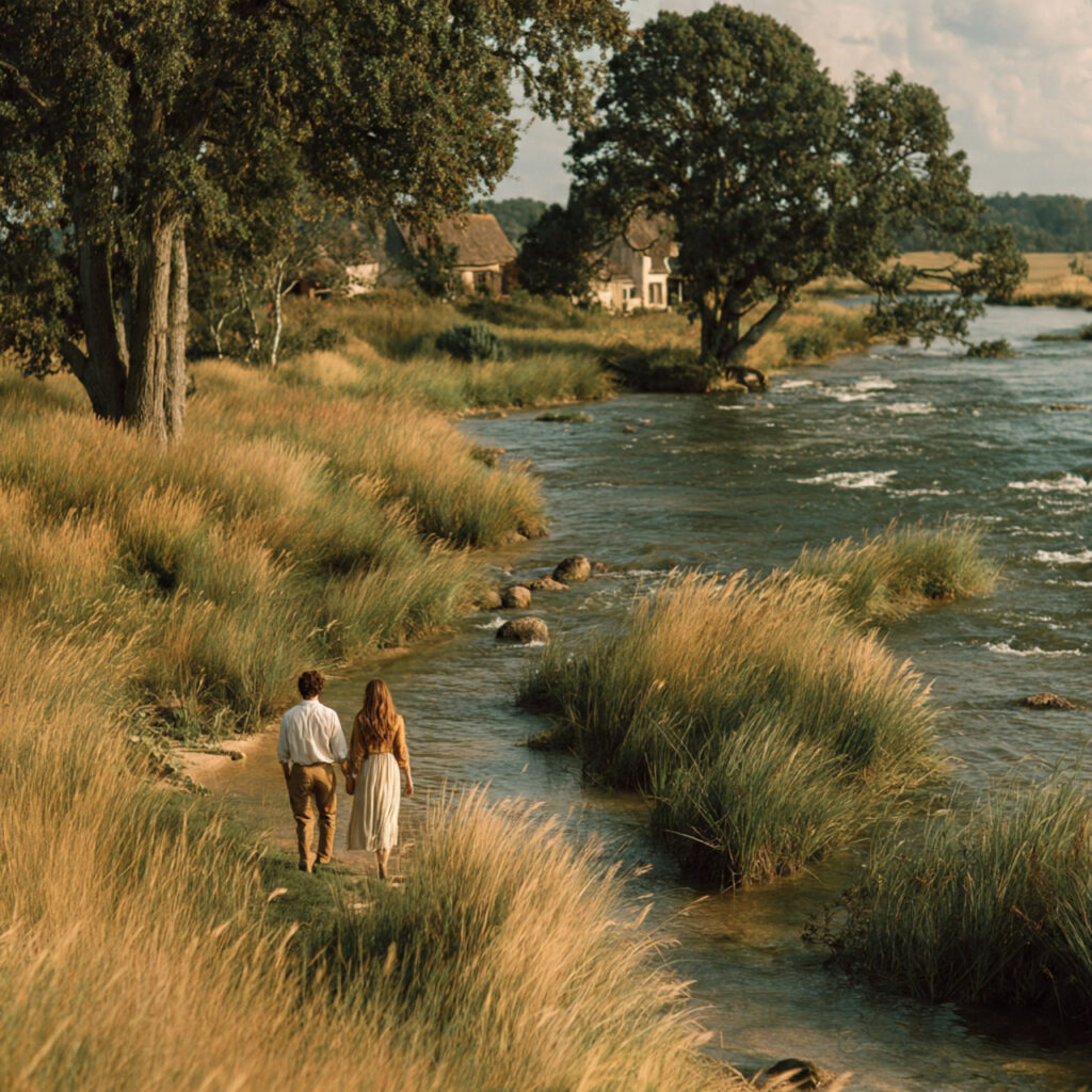 26 Creative Seasonal Engagement Photos Ideas to Capture Your Love 8 couple walking along a spring riverside with